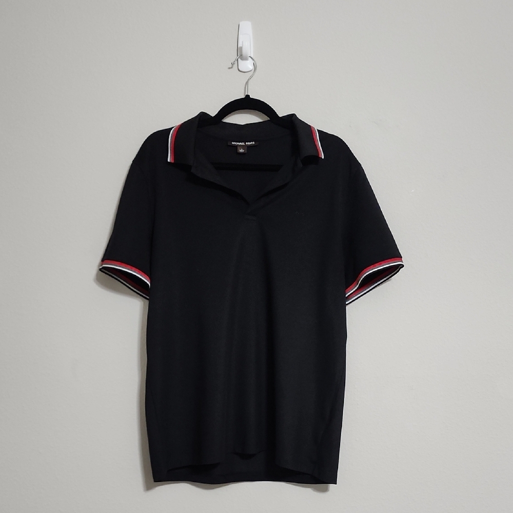 Men's Michael Kors Black Button Up Polo Shirt Red Grey White Accents Size L